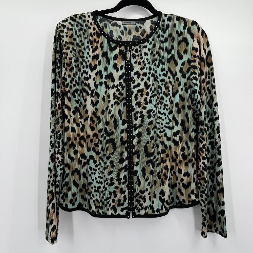 Damee Jacket Womens Large Leopard Animal Print‎ Pleated Knit Studded